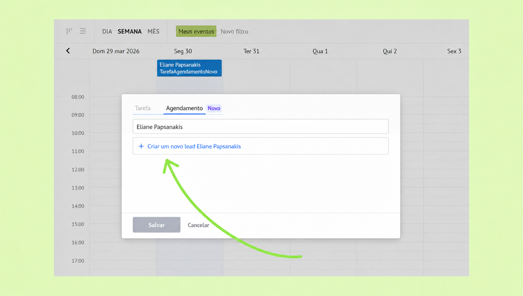 Creating a new lead for Eliane Papsanakis in the scheduling interface.